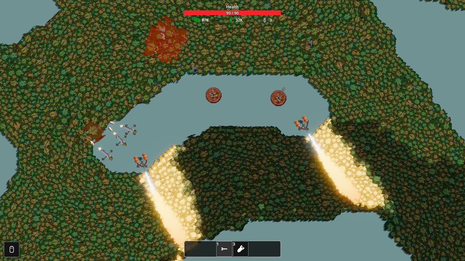 Defensive towers cutting through a dense mass of orcs